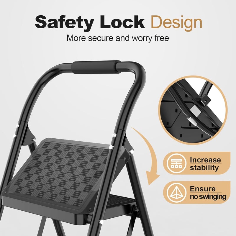 HBTower 3 Step Ladder, 3 Step Stool for Adults, 3 Step Ladder Folding Step Stool with Cushioned Handle Step Ladder with Wide Pedal Ergonomic Design,Black - Image 3